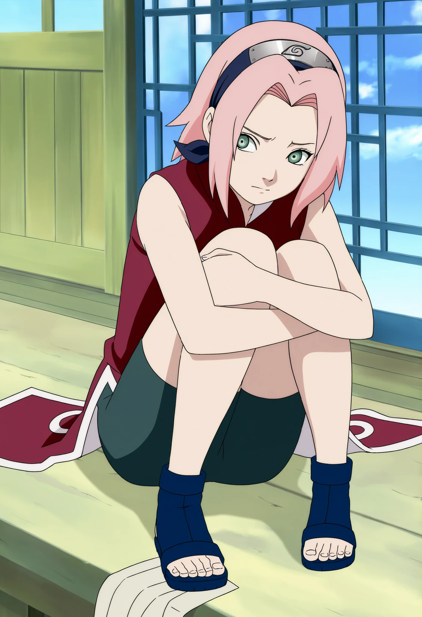 source anime,anime screencap,anime coloring,masterpiece,best quality,Sakura haruno, 1girl, solo, pink hair, short hair, green eyes,A white bandage wrapped around her short in thighs ,"Red sleeveless Chinese qipao with white trim and symbol, black shorts, black open-toe ninja sandals.", sitting,,hugging her knees,, ,masterpiece,best quality,amazing quality, ,, shinny eyes