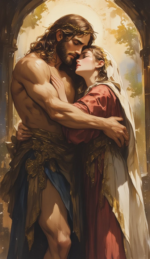 (absurdres, highres, ultra detailed), 2 young man, couple, Symbolism, Visual art, Occult, Vision casting, Philosophical, Numerology, Popularity, Artistic, Alfons Mucha best quality, master piece, full body shot, highly detailed painting by alphonse mucha, ((((Two young men, 19 years old In short transparent white tunics)))), ((ancient Greek myths)), athletic, attractive expression, earrings, fantasy, dramatic pose, whole body, aesthetically pleasing, beautiful, athletic, athletically built, thin waist, prominent muscles, large, Volumetric elastic buttocks, Duet, hugs, kiss, thong panties