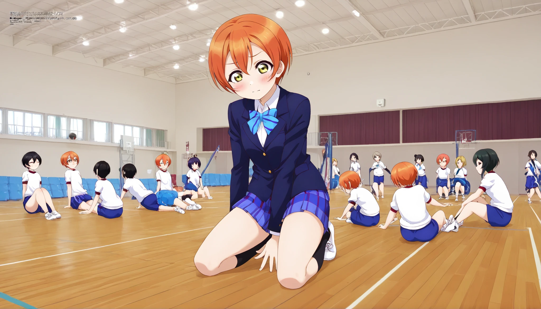 1girl,unwellness hoshizora rin, striped, short hair, blush, otonokizaka school uniform, lovelive_rin black blazer, blue plaid skirt, blue stripe bowtie, orange hair, very short hair, hair between eyes, yellow green eyes,sitting on the floor grasping one's knees (as in a gym class),score_9, score_8_up, score_7_up, rating_safe, masterpiece, best quality, absurdres, unity 8k wallpaper, official art, official style, source_anime, uncensored, game cg, megami magazine,taiikukan, indoors, sportswear, multiple girls, indoors, photo background, shorts, 6+girls, ceiling light, black hair, ceiling, stage, wooden floor, gym uniform, sportswear,Gymn4s3,
