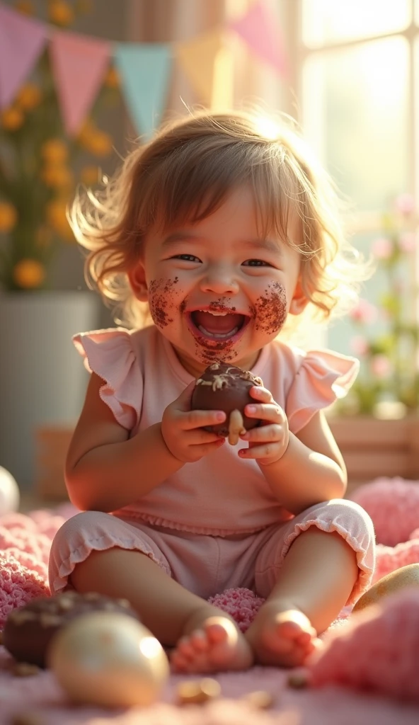 Create UHD photorealistic realistic image, no animation, no 3D image, no Pixar style. Capture a 22-month-old girl kid, holding a cookie with a delighted expression. Background: Kitchen table with snacks. Shot with a Sony Alpha 1, 35mm lens, f/1.4, natural light, warm tones, no flash.