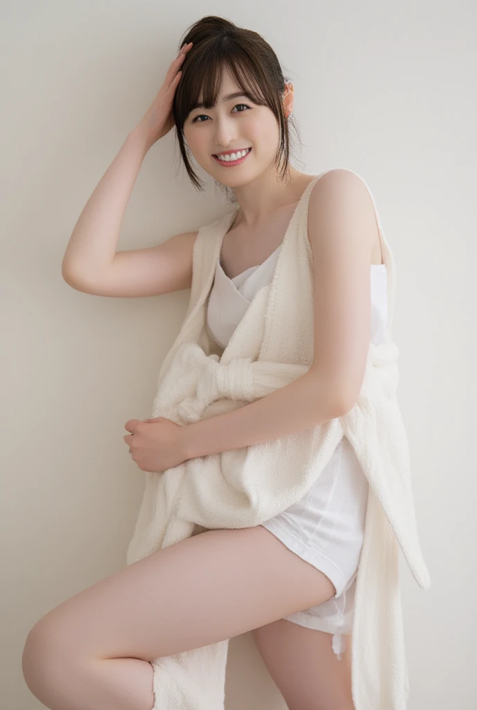 Masterpiece, 8k, 1 taiwanese girl - side-lying, enjoying spa, key lighting, bathrobe, relaxed expression, simple background, skincare product, full body, serene atmosphere ,Asia