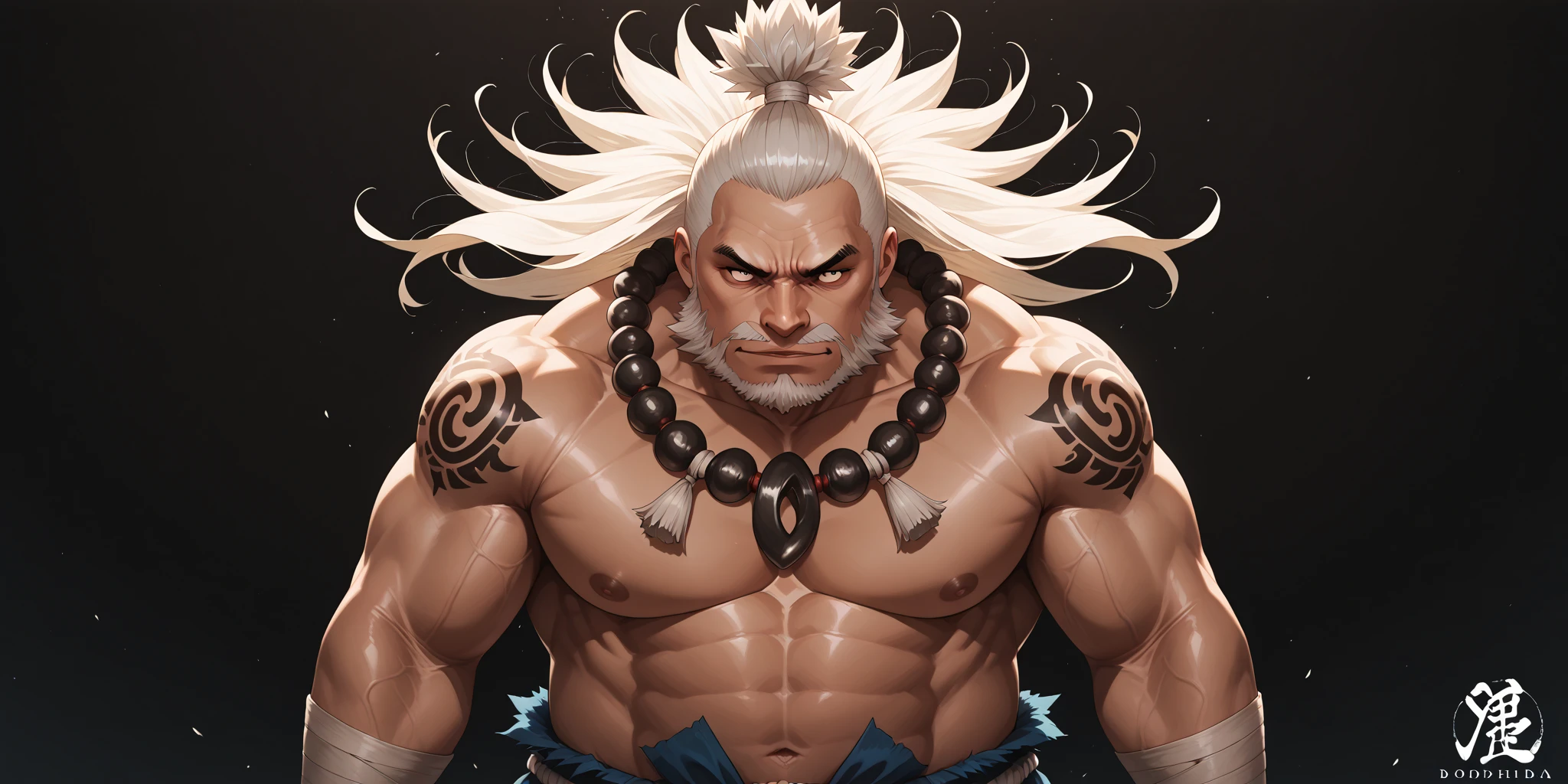 A burly, virile, and hairy dragon, exuding the irresistible charm of a himbo muscle daddy. His middle-aged features, adorned by a long, bushy beard and a thick mustache, reveal a life of experience and adventure. His body, sculpted into a warrior's build and a bodybuilder's physique, is a testament to his unyielding dedication to physical fitness. The hair on his chest and belly forms a carpet of thick fur, while his hairy arms and legs are adorned with a natural, untamed layer of hirsute. Every muscle on his overmuscular and musclebound frame is defined and bulging, veins pulsing beneath the surface, hinting at his incredible strength. Despite his advanced age, his grey hair only adds to his handsome and dreamy appearance.