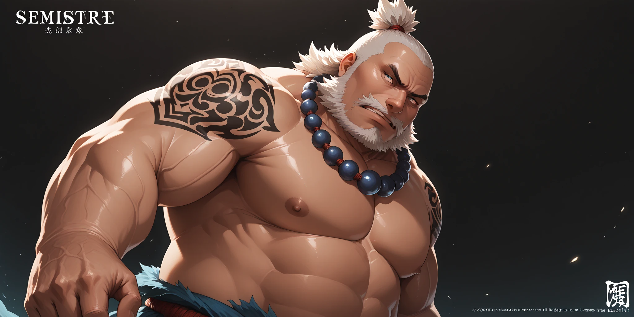 A burly, virile, and hairy dragon, exuding the irresistible charm of a himbo muscle daddy. His middle-aged features, adorned by a long, bushy beard and a thick mustache, reveal a life of experience and adventure. His body, sculpted into a warrior's build and a bodybuilder's physique, is a testament to his unyielding dedication to physical fitness. The hair on his chest and belly forms a carpet of thick fur, while his hairy arms and legs are adorned with a natural, untamed layer of hirsute. Every muscle on his overmuscular and musclebound frame is defined and bulging, veins pulsing beneath the surface, hinting at his incredible strength. Despite his advanced age, his grey hair only adds to his handsome and dreamy appearance.