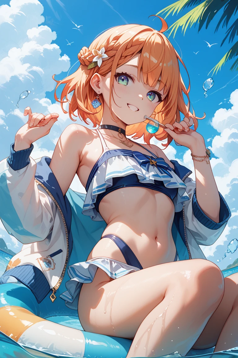 Yotsubanakano, Fourth floor Nakano, bangs, short hair, blue eyes, Hair between the eyes, Orange Hair, smile, Grin,Oversized green t-shirt,Short sleeve,Yellow bikini swimsuit,barefoot,Wet swimsuit,Wet Skin,Wet Hair,whole bodyがイラストに入るように,
break outdoors,Ocean,Beach,
break looking at viewer,whole body, (Cowboy Shot:1.5),
break (masterpiece:1.2), Highest quality, High resolution, unity 8k wallpaper, (figure:0.8), (Beautiful attention to detail:1.6), Highly detailed face, Perfect lighting, Highly detailed CG, (Perfect hands, Perfect Anatomy),