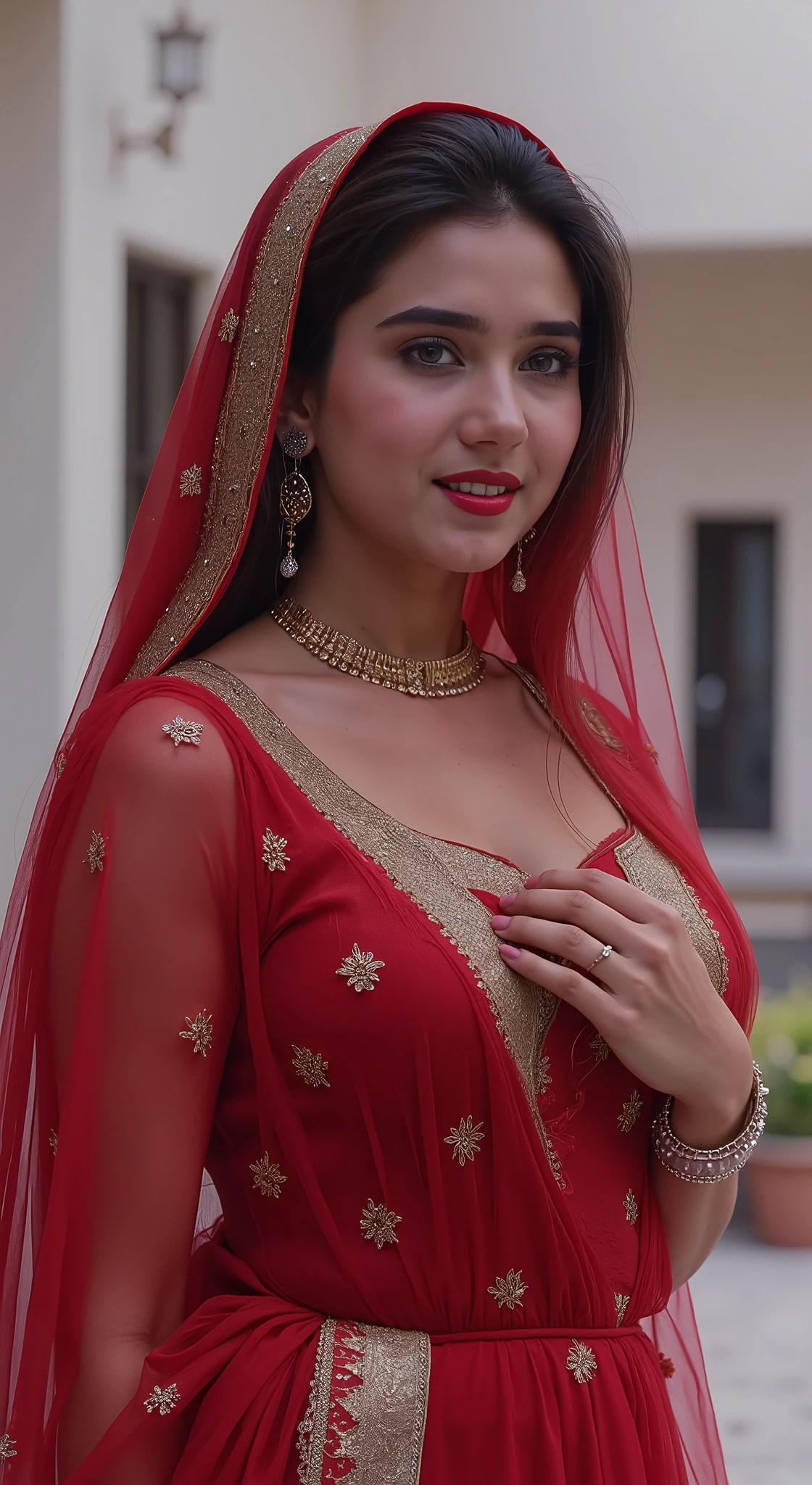 Indian Rajputi girl in Rajputi poshak, Beautiful Face, Sheer veil on face, Transparent veil from her head to face, Beauty Enhancing Make Up, Rajasthani Jwellery, Large Breast, Slim Body, Cleavage, traditional look, traditional rajputi dress, rajputi paridhan, Ghoonghat, Transparent ghoonghat (Veil), her hand adjusting veil, Cleavage shown, Beautiful covered lady, full light, Full pose, full body pose, ultra hd, ultra realistic, 8k, Standing full pose, courtyard, Nose nath jwellery, gold Necklace, Nath, Realistic,