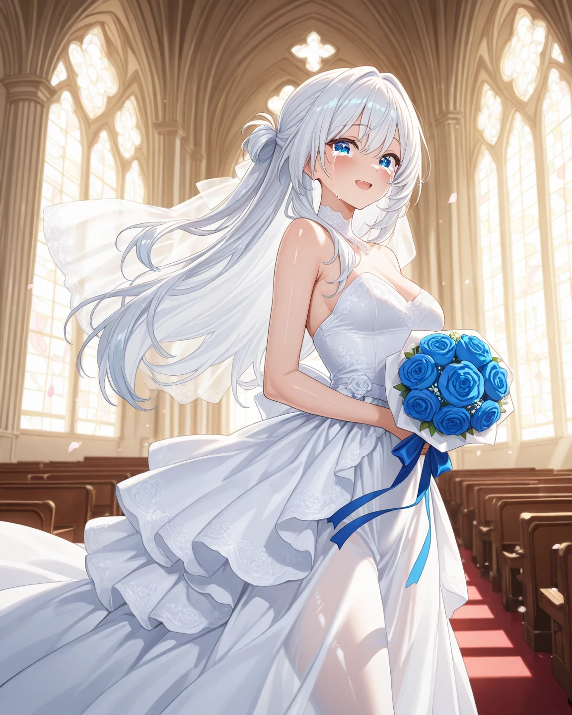 silver hair,butterfly,long gray hair,Light pink wedding dresses,8k wallpaper,Detailed background,best high resolution,deep v big,Hair covering one eye,Bandeau Wedding Dress,church,white roses and pale pink roses,tight fit,stockings,(((perfect and cute hands)))