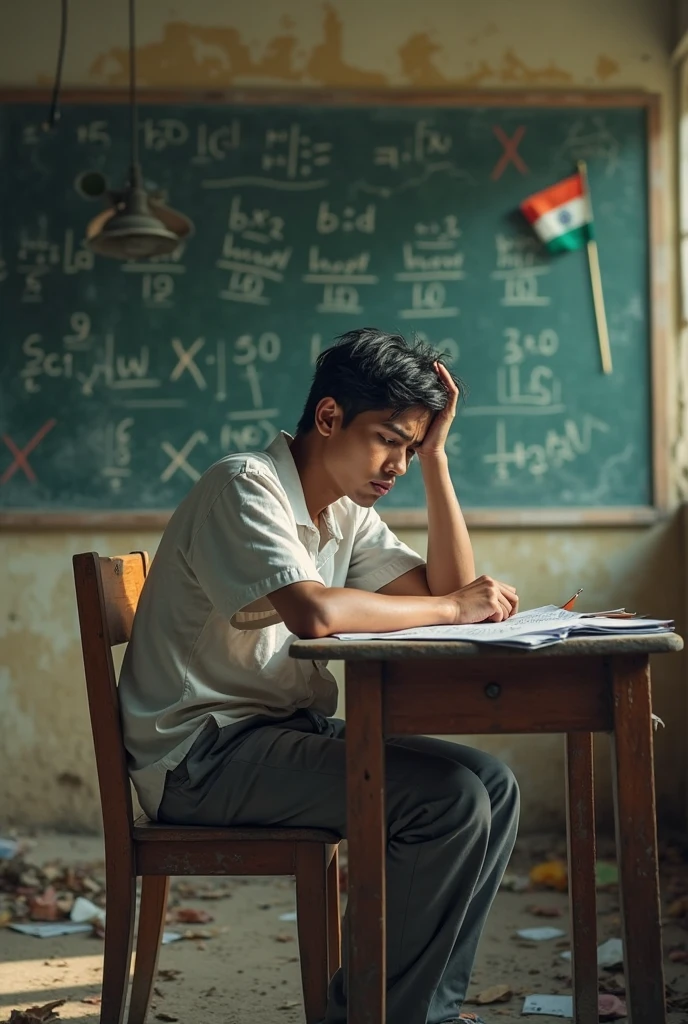 One Indian boy is thinking about the exam, how to pass. Books, empty white papers, pens are available infront of him.