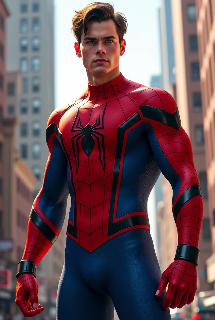 Spiderman character with his respective suit but with Cristiano Ronaldo&#39;s face and a National jersey with the number 7. Background of a night city like some spiderman movie and a trophy. With Cristiano Ronaldo&#39;s body and a national football team sweater. Whole body