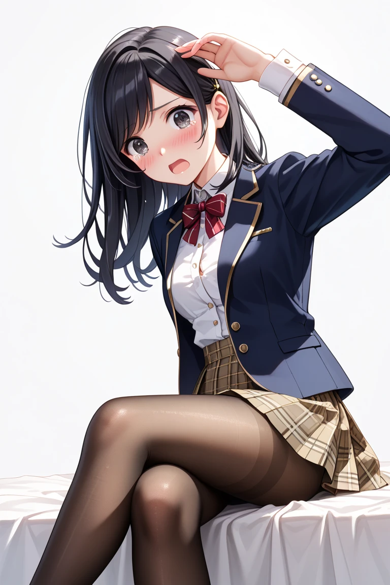 Gal High School Girl、One girl in a mini skirt, Spread your legs wide、Looking down at the viewer, Twin tails, Highest quality, Focus on the thighs,, smile, blazer, blouse, Black Pantyhose, panties under pantyhose, , classroom, Black Hair,My thighs are steaming between the legs 、Sweaty pantyhose、My feet are stuffy、Stomping on a man's face
