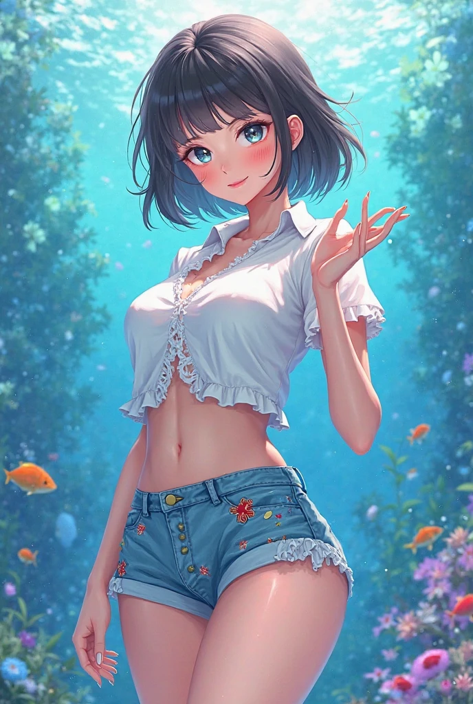 ((Top Quality)), ((Excellent)), (Details), ((Nymph)), cate, Ultra-Realistic, Stunning Environment, Bright Colors, 13 Years Old,((Blue Eyes)) , Black Hair, (Childish Face), ((Giddy-Smile)),(Bob Hair), ((From Above)) ,((close_up)), Medium Breasts, Summer, ((denim Shorts)), ((Nude)), ((Striped Micro Bikini)) , harpoon ,((bikini Sunburn mark)), in the forest, ((stream)), ((Wet)), ((Cumulonimbus Cloud)),Clothes are disheveled,((Water splash)), (Transparent water splashes),((Lots of bubbles)),