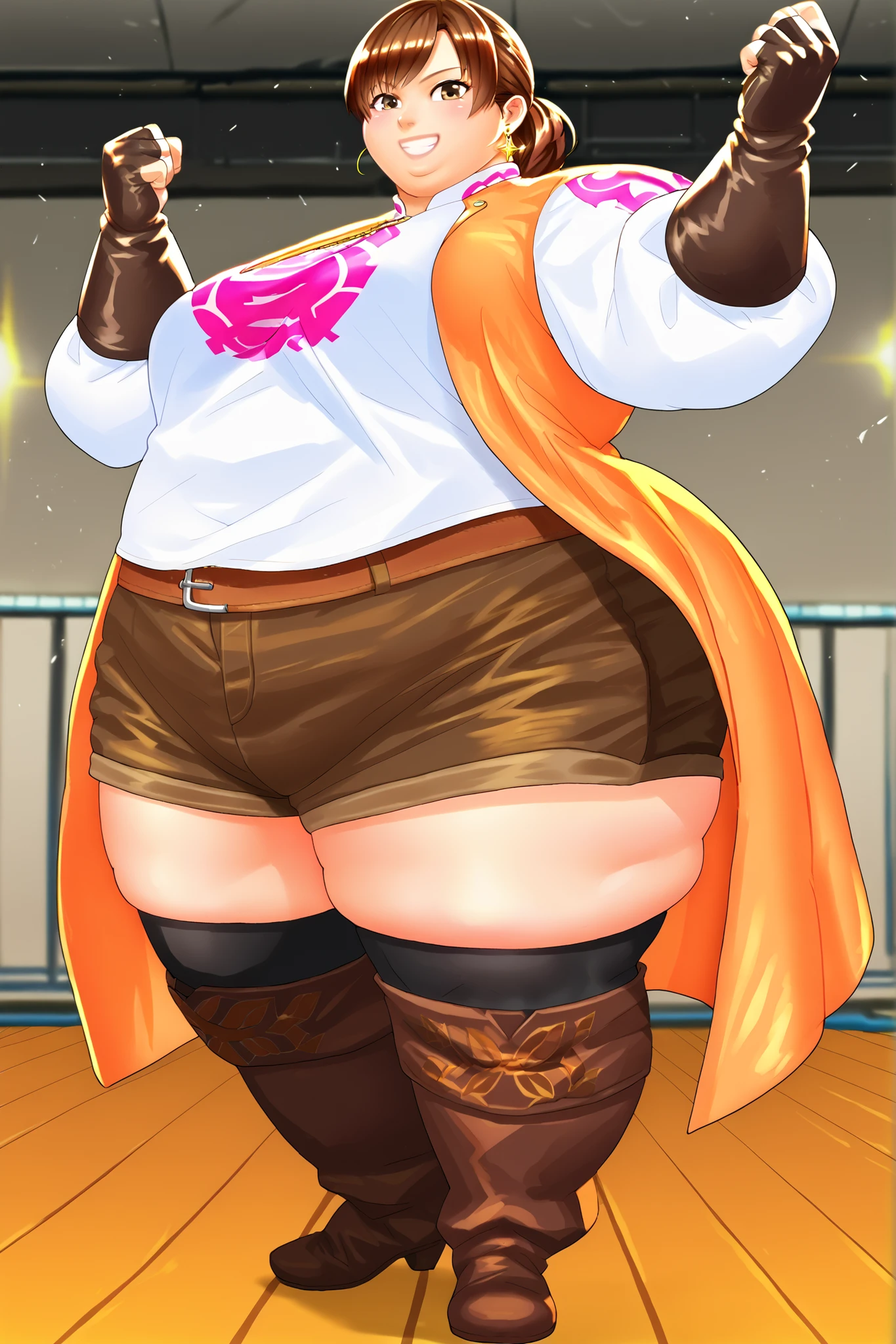 score_9, score_8_up, score_7_up, score_6_up, score_5_up, score_4_up , BREAK source_anime,anime screencap,anime_coloring,anime_lineart, smile, gloves, brown eyes, jewelry, earrings, shorts, thigh highs, boots, fingerless gloves, white shirt, smile, midriff, crop top, action posing , dynamic angle, indoors, coat, full body, SSBBW, 500 lbs.