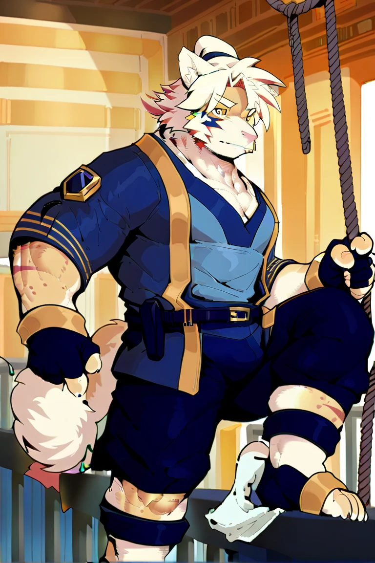 Solo, One Man, Only Man, Sexy and Sensual, Playboy Bunny, Bunny Boy (((Rabbit Ears and Tail))) Animal Ears, School Building, After School Classroom in the Western Sun, Summer Afternoon, Dusk, Student, ((((Anime Gal)))), Hairpin with ribbon, Sheer white shirt with wide open chest, Leopard print tank top upper body, Collar and striped tie, Suspenders, Student shoes, decorated smartphone, blue lame nail polish, multiple earrings, student bag with many key chains, sleeves, socks, leopard print G-string, string tucked in, no pants, mega muscle, hyper muscle, plump, refreshing, masculine appearance, tecateca oily skin, glittery oily skin, brown skin, tanned skin, adult male, light blue eyes, Black facial hair, crotch bulge, trimmed platinum blonde hair, beard, wild handsome, beauty muscle, belly button, male, gay, hyper muscle, male focus, muscle male, yaoi, buttocks, pectoral muscles, developed pectoralis major muscles, developed quadriceps, thick thighs, wet body, heat and steam coming out of the body, sweating, drenched, showing big back, back, back, showing ass, Sexy poses, super angles, dynamic poses and angles, SFW version, complex and elegant, highly detailed digital painting, anime style art, art station, concept art, top quality, master masterpiece, ultra high definition, detailed background, realistic figure, muscle man, muscle, volume lighting, depth of field, Smooth and sharp focus, illustration and art: