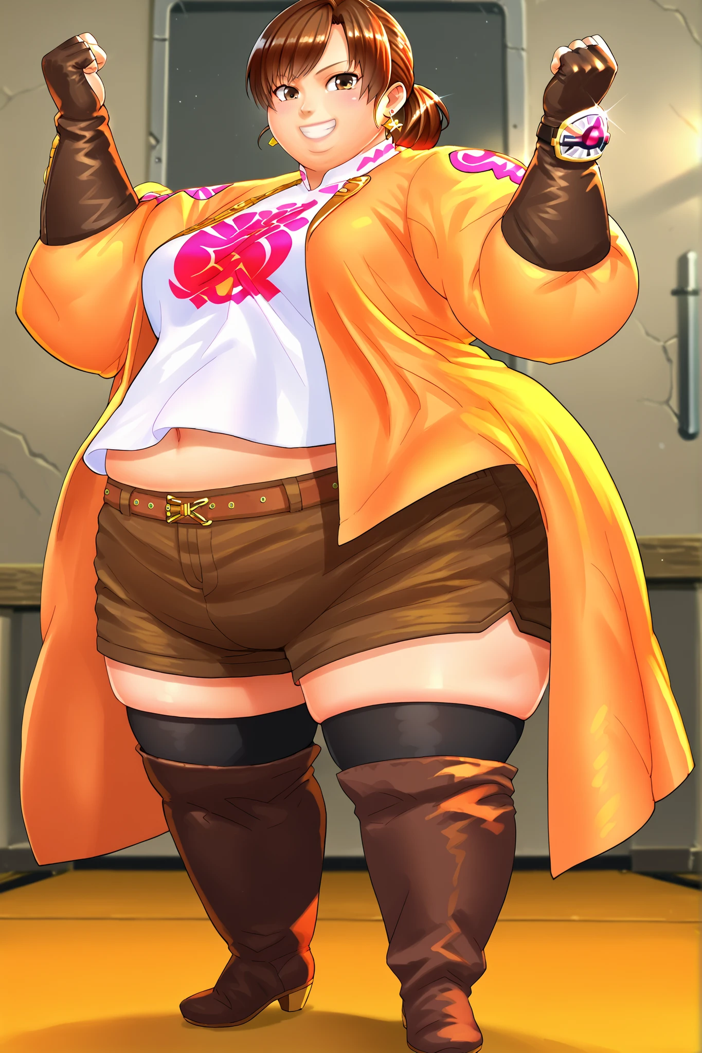 score_9, score_8_up, score_7_up, score_6_up, score_5_up, score_4_up , BREAK source_anime,anime screencap,anime_coloring,anime_lineart, smile, gloves, brown eyes, jewelry, earrings, shorts, thigh highs, boots, fingerless gloves, white shirt, smile, midriff, crop top, action posing , dynamic angle, indoors, coat, full body, SSBBW, 500 lbs.