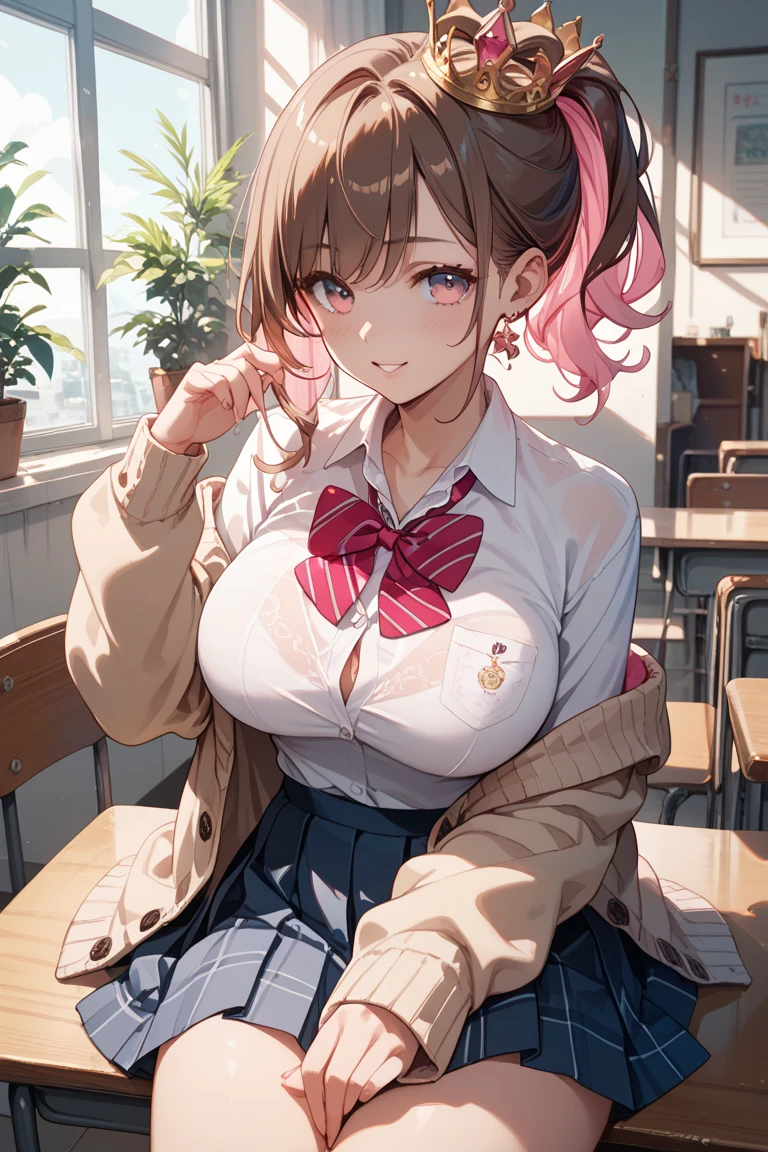 (8K、Top image quality、top-quality、​masterpiece)、A detailed face、1 girl in、Medium hair、Light brown、((Two-side-up))、brown-eyed、Opens mouth and laughs、large full breasts、cleavage、((White shirt))、((Wear a pink cardigan))、((Black Mini Pleated Skirt))、(Big ass)、thighs、cowboy  shot、Classroom Background