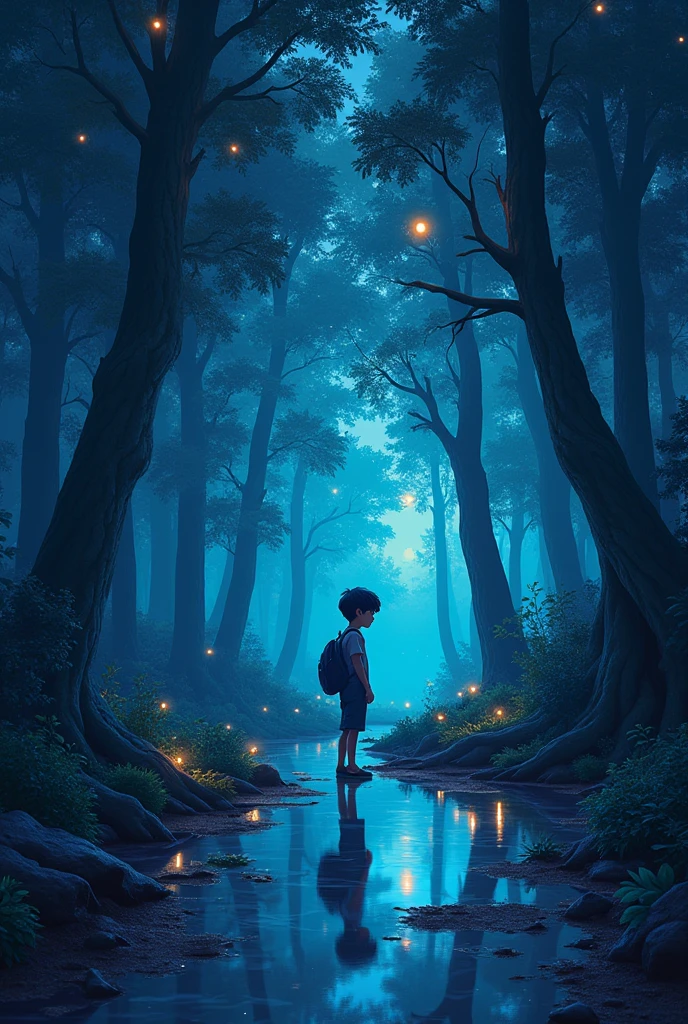 Child with enchanted forest background, many lights and water droplets