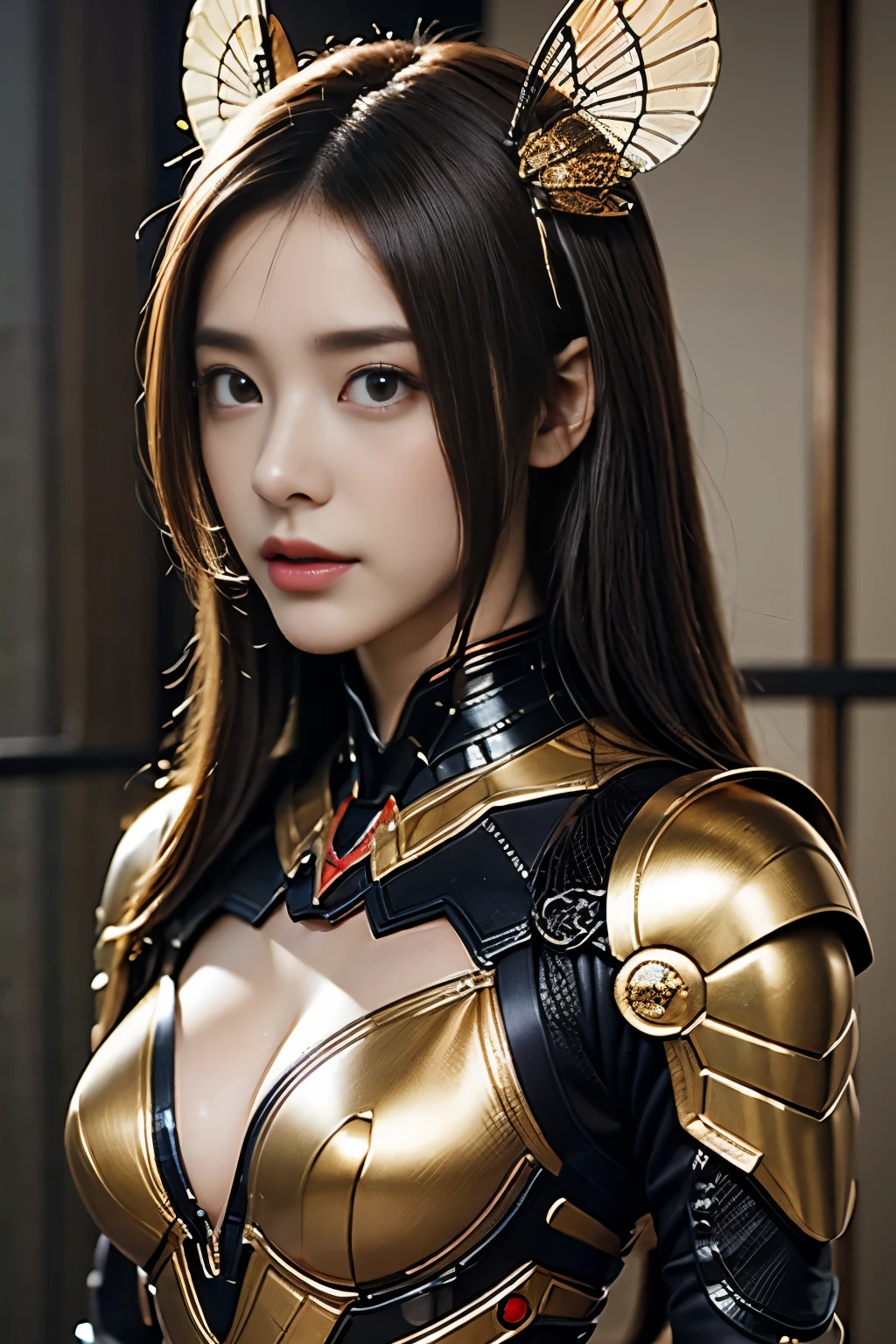 "Create an image of Rumble from League of Legends by Riot Games, reimagined as a female, in her Championship skin, (no having clothes: 1,55),wearing her sleek, gold and silver-themed armor with a majestic mech suit, having massive k-cups:1.55. She's in a grand arena with cheering crowds and banners, in an attractive pose with her mech's sword raised in victory."