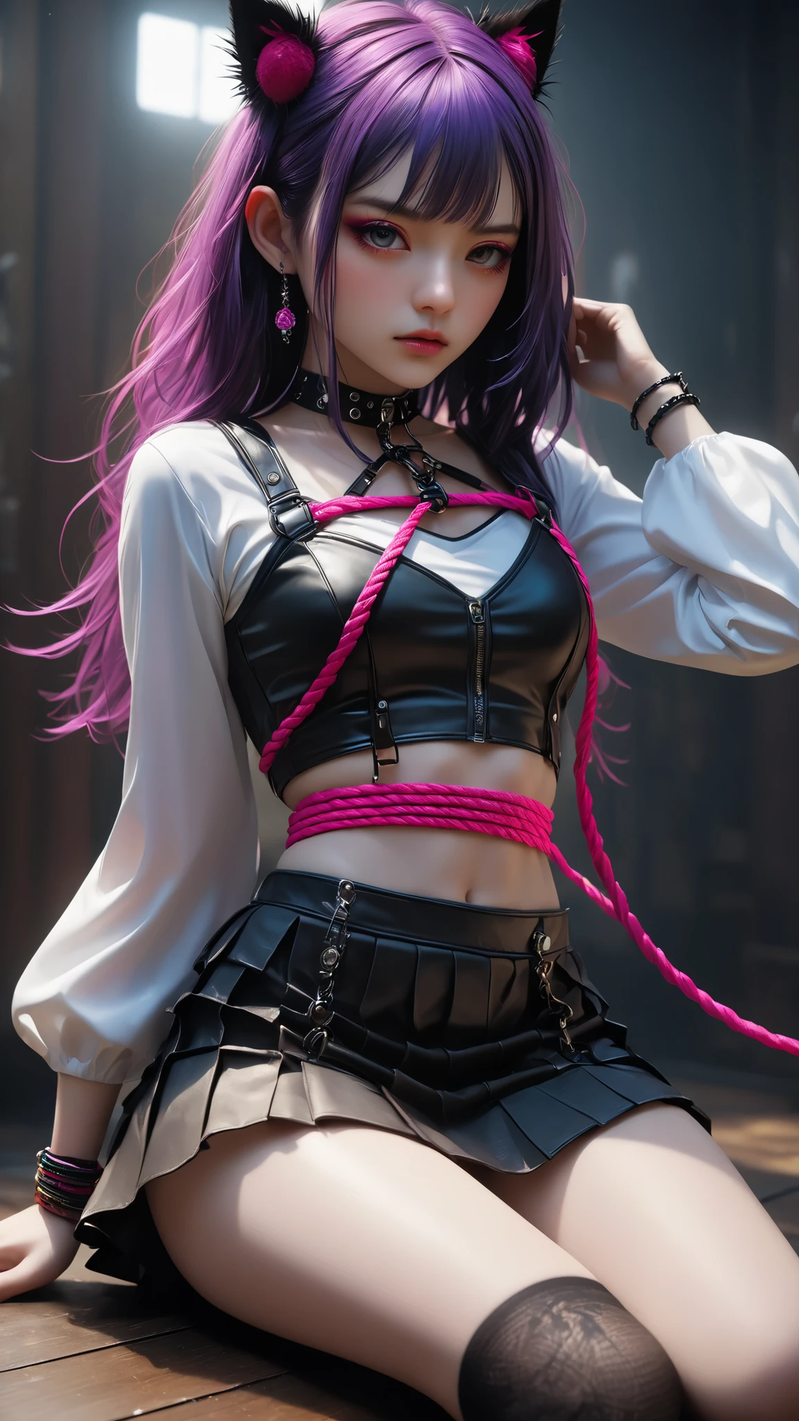 masterpiece、masterpiece、Awards、High Quality、high resolution、high resolution、Portrait、((femboy))、Colourful long-sleeved gothic lollies _punk、skirt for ears、 ((live-action face))、Japanese、Beautiful Faces、detailsな描写、 Absurd Details, best light, sharp, sharp image, ultimate,details, extremely details、Particle Effects , beautiful effects, bright colors, neon、 bondage 、超A high resolution 、octane rendering、Portrait、 realistic textured face and skin、完璧な解剖学、 CGSoation Trends 、 SLR during homework、Original photo、photorealistic:1.keletal shibari :1.2、rope with vib、close-up、 attached、torture:1.2、Punishment、Realistic 3D CGI、Realistic Textured Digital Art、sit:1.2、Realistic Faces:1.5、Milk thistle 、