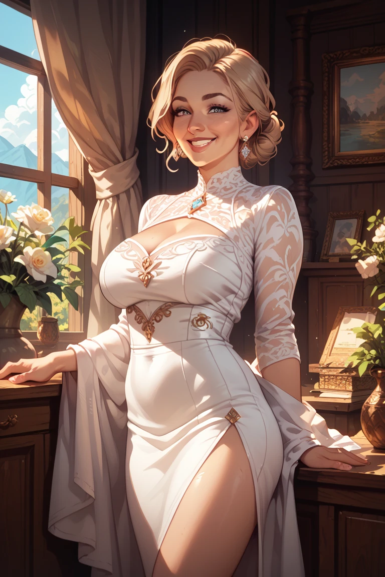 ((masterpiece、top-quality))、a closeup、face to the viewer、straight on、sface focus、((1 girl in))、Lisa\(GenshinImpact\)、{short-hair、}、(huge tit:1.4)、(photographrealistic:0.8)、is standing、bridal veil、wedd00ing、bridal gauntlets、bridal garter、Wedding Gloves、(a smile:1.2)、(Detail light)、illuminating、colourfull、Layered backgrounds、(gorgeous background)、dynamic ungle、(brilliance)、blonde hair、sleeved、(deep dark green eyes:1.2)、(outside of house)、physically-based renderingt、 RAW Photography、highly detailed back ground、(photos realistic:0.8)、hight resolution、(White Body Stockings)、(potted plant:1.2)、geyser、a park、flower field、have a bouquet、
information