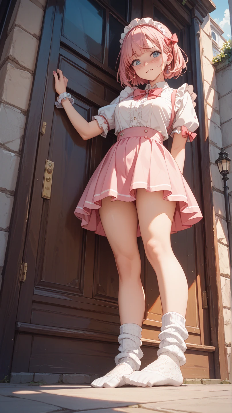 A woman takes a picture of herself in the mirror, Anime girl in real life, frilly outfit, pink tight mini-skirt, full body cute young lady, thighhighs and skirt, pink mini-skirt, Anime girl cosplay, Full body picture, Pink skirt, intriguing outfit, multilayered outfit, pretty face with arms and legs, Picture of seven bodies,