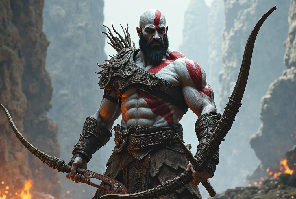 "kratos, main character of God of War, with their original swords, Blades of Chaos, generated with Unreal Engine 5.1, Rendered by Nvidia RTX GeForce 4090 and Processed by Intel Core i9-13900K. The armor is dark and worn, with leather and metal details. The swords are identical to the originals, with its distinctive design and serrated edge. La cara de kratos es igual a la oficial, with a serious and determined expression. The eyes are blue and penetrating. he is bald, with a completely shaved head. The lighting is dramatic, with deep shadows and intense lights. The background is blurry, with a landscape of mountains and cloudy sky. The image is hyperrealistic, with extremely precise details and realistic textures. The look is cinematic, with a focus on action and character intensity."