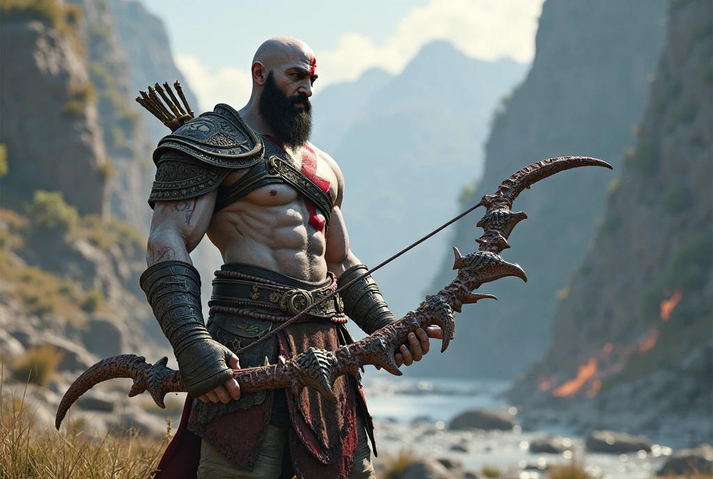 Kratos com muita raiva e o cenario em chamas