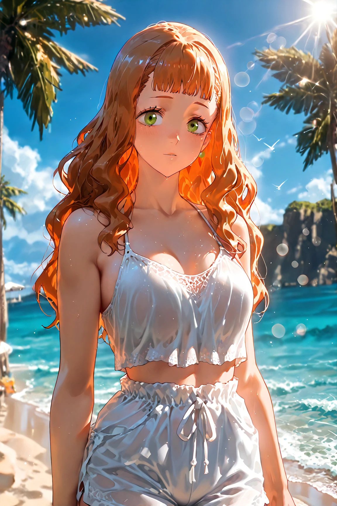 (masterpiece, very aesthetic:1.4), best quality, incredibly absurdres, Accurate, intricate, 8K, stunning, stylized,
ultra-detailed, (incredibly detailed:1.2), fine texture,
cinematic, recent, (vibrant:1.2), (clear pictures, clean lines, crisp edges), illustration, (soft lighting:1.2),
cowboy shot,
BREAK
1 beautiful girl, 18yo, small face, beautiful detailed face, narrow waist, The beauty and danger of growing from a girl to an adult, A symbol of miraculous beauty, Graceful posture, sensual, bewitching woman, (cleavage:0.8),
(burgundy hair, a long single braid hair:1.4), smooth hair, asymmetrical bangs,
BREAK
(aqua blue eyes), black oblong pupils, (slant eyes, glass-like sparkling eyes are blurry and dreamy, beautiful detailed eyes, growing eyes, long delicate eyelashes, Meticulous Eyelash Details),
BREAK
(white camisole Dress, Sleeveless, big straw hat:1.3), (a tiny heart-shaped golden colored ring pendant:1.4),
BREAK
sunny afternoon, beach, blue sky, white cloud,
Soft sunlight that induces afternoon drowsiness, delicate gentle breeze,
Motivated Light, complex lighting,
(walking quietly towards the viewer, on the edge of the beach),
BREAK
gorgeous lips, natural pink lips, beautiful detailed lips, Glossy,
(seductive smile:1.3), perfect eyes,