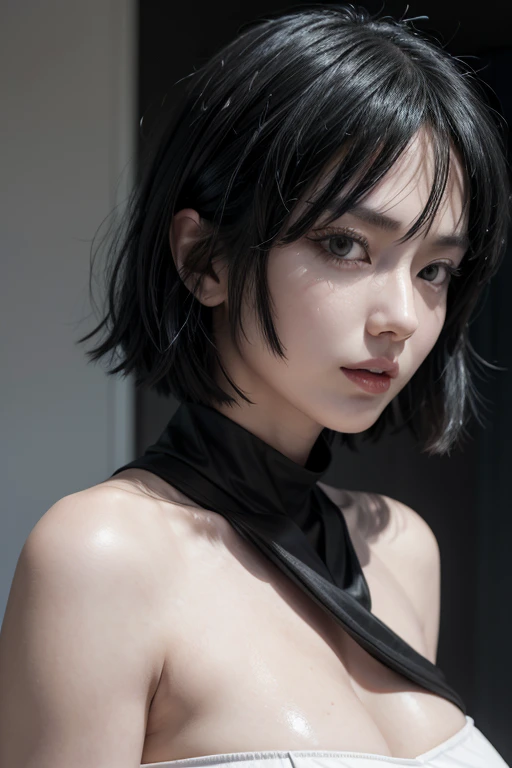 Fubuki from opm, realistic, age 28, pure white skin, green eyes, dark green bob hair, in black robes, exposing, cleavage, perfect face, perfect shape body, extra big stif breasts, wet skin, blush, big water drops, 3d, front side pose