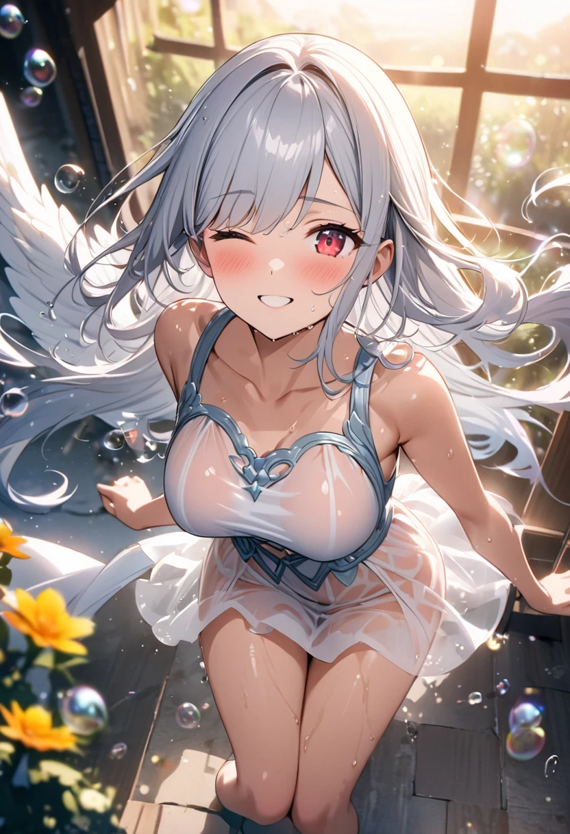 noelle_\(genshin_impact\), hiten kei style, claude monet, oil painting, masterpiece, hyper realistic, realistic skin, best quality, 1girl, village, trees, large breasts, huge nipples, erect nipples, looking at another, topless, full body, vector illustration, nipples, light smile, blunt bangs, short hair, bare shoulders, white hair, long skirt, waist apron, wet, soaked, raining, hanging laundry, smiling, happy, black pantyhose, windmill, sunlight, cool breeze, blue sky, hands up, arched back, stretching, looking up, wood pail, wet body, flowers, little village, laundry, hanging sheets, navel, dry ground