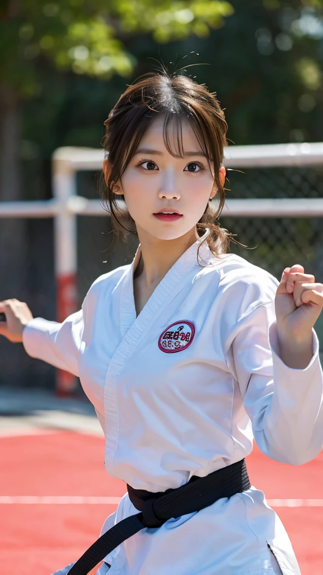 (RAW Photos:1.2), (Realistic), Beautiful detailed girl, Very detailed eyes and face, Beautiful and beautiful eyes, Large file size, High resolution, Very detailed, highest quality, [Tabletop:1.6], shape, Very detailed, The finer details, highest quality, 8K Dende Wallpaper, Cinema Lighting,Fighting arena in the background、20 year old slim and muscular woman, Female Fighter, Karate pose, Outdoor Martial Arts Tournament, hang on, Uniform, 彼女の柔Uniform, ponytail, Serious expression, The body is slim, Young Face, , Stadium