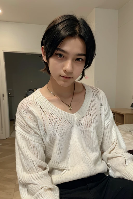 a cute, sweet, adorable anime boy with black hair and red eyes wearing over-sized white sweater and short black pants, and some colourful hairpins