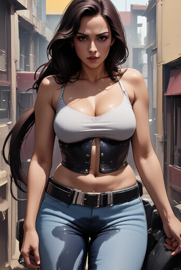 best quality,4k,8k,highres,masterpiece:1.2),ultra-detailed, extremely detailed eyes, extremely detailed body, (large masterpiece digital art), (detailed manga illustration), (detailed line art), ((perfect anatomy)), (intricate details:1.3), (ultra-detailed:1.3), (illustration:1.3), (sharp focus:1.3), (natural lighting:1.05), (vivid colors:1.3), (masterpiece), (best quality:1.4), (perfect anatomy:1.4), high quality, expressive eyes, full body, detailed face, beautiful face, perfect face, 1 girl, muscular, tall girl, large breasts, long hair, light brown hair, straight hair, low ponytail, detailed hair, ((casual clothes)), grey t-shirt, (vest), open vest, (blue pants), denim pants, pale skin, aquamarine eyes, splash art, curvy, black combat boots, cinematic lighting, dramatic atmosphere, Atey Ghailan, Jeremy Mann, Greg Manchess, Antonio Moro, trend in ArtStation, trend in CGSociety, Intricate, High Detail, Sharp focus, dramatic and photorealistic painting art by Midjourney and Greg Rutkowski, Jeff Bridges, ((cartoon style)), Marvel Cinematic Universe style, (((Night sky in the background))),