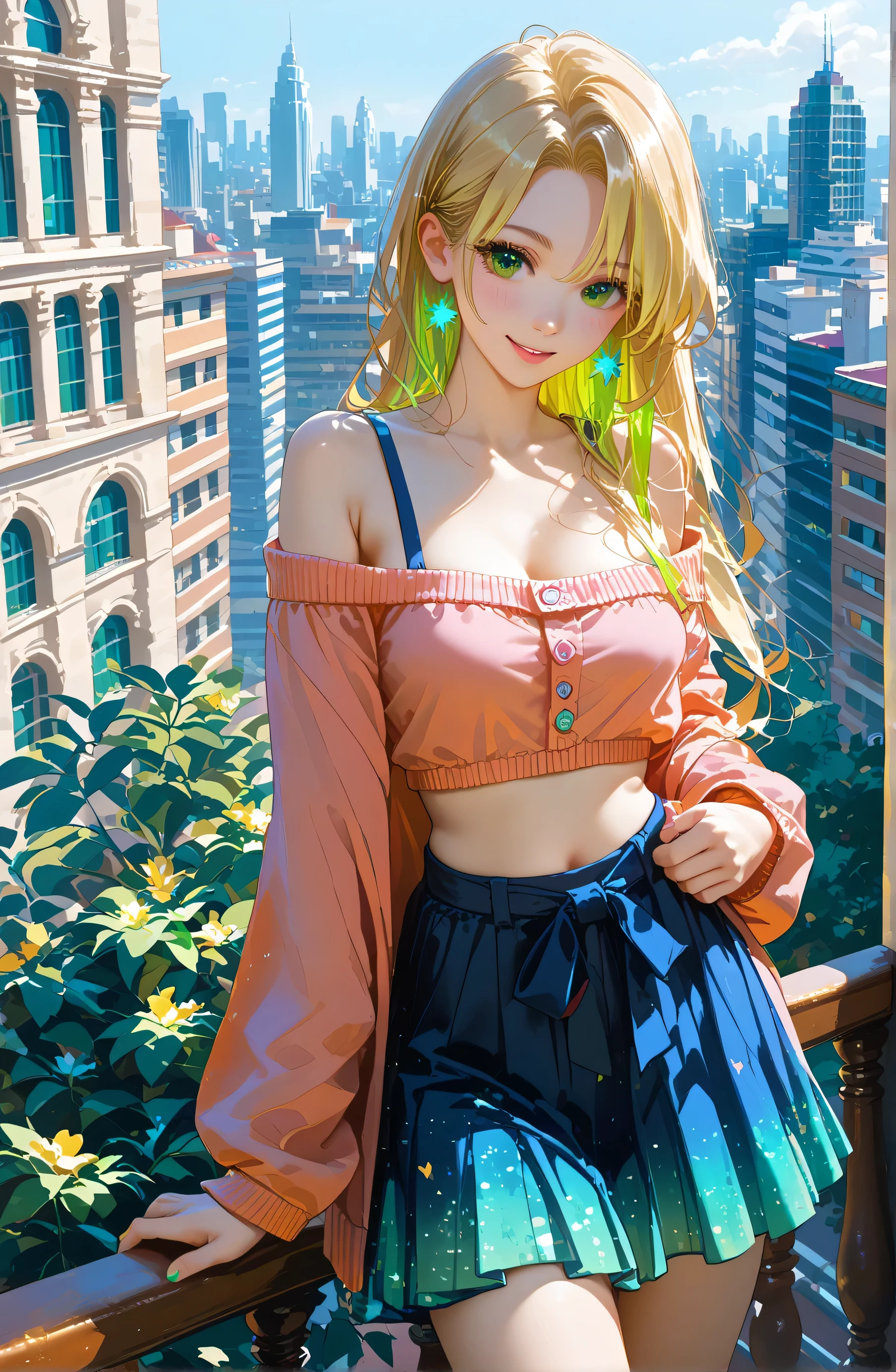 anime girl, long blonde hair, emerald green eyes, soft skin texture, natural skin, [soft skin:1.2], glossy hair, vibrant colors, subtle highlights, wearing a loose off-shoulder top and flowy skirt, leaning on a balcony railing, smiling softly, city skyline at night with twinkling lights, sparkling atmosphere, ultra-detailed, soft lighting, radiant night glow