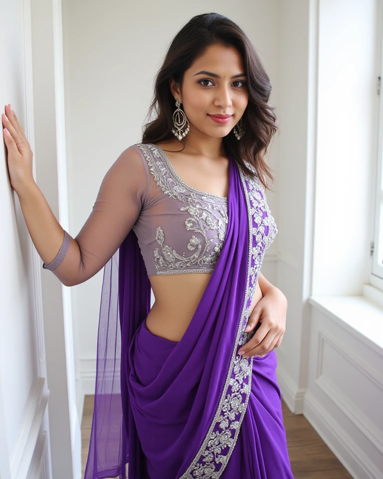32 years old Asian women long hair cute smile in purple saree looking and standing straight facing the camera wearing sexy blouse and covering her