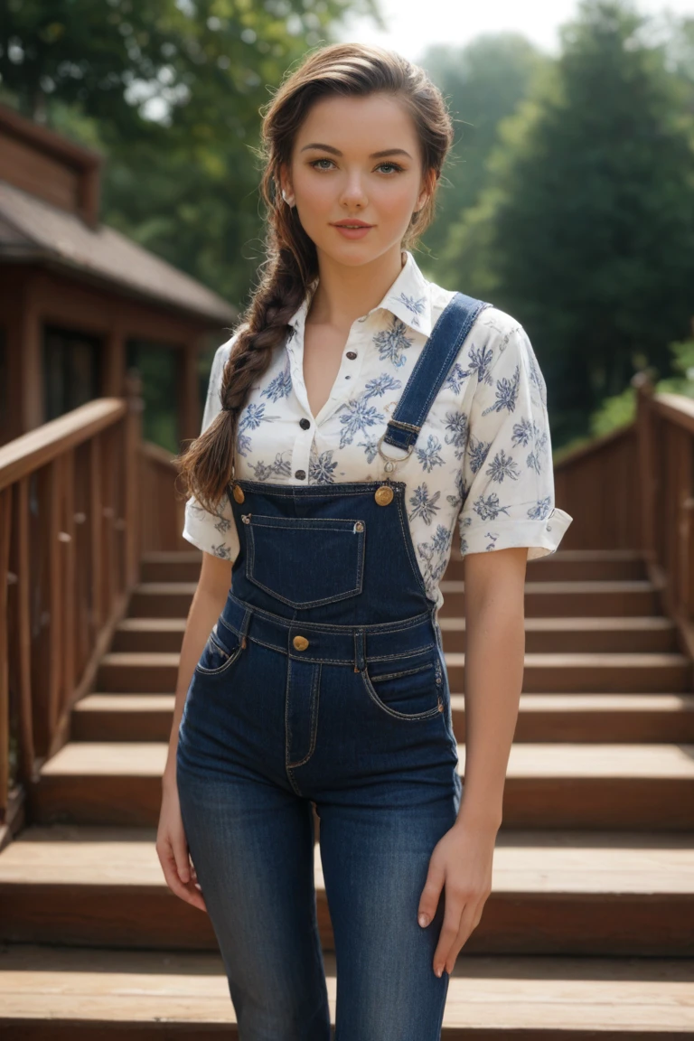 -teen, European,nde, big eyes, button-down shirt, small breasts, denim leggings with suspenders, ray tracing, HDR