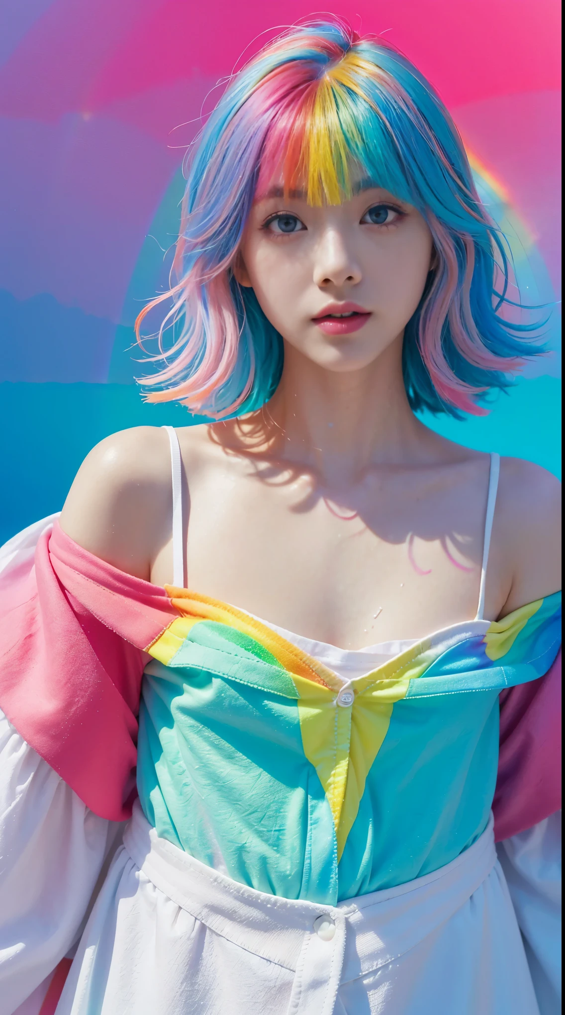 (masterpiece, top quality, best quality,watercolor (medium),official art, beautiful and aesthetic:1.2),(1girl:1.3), (fractal art:1.3),upper body, from side, looking at viewer,patterns,(rainbow color Hair,colorful hair,half blue and half pink hair:1.2),water,liquid, cloud,colorful, starry,stars,