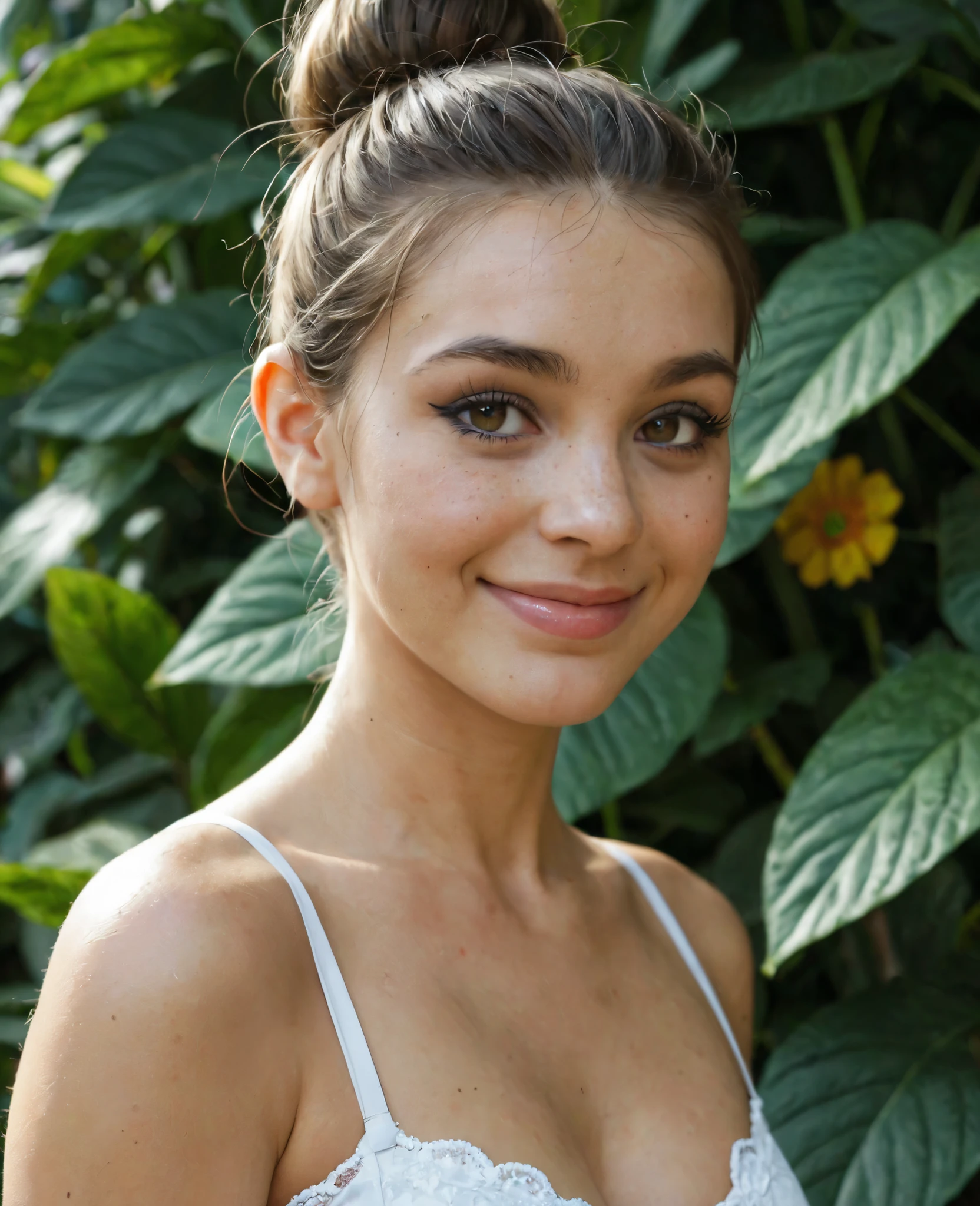 obra-prima, Best Quality, incredible quality, hair, soft lighting, sardas, messy bun, neutral makeup , pretty face, detailed skin texture, Slight Smile, shallow depth of field, plants natural background