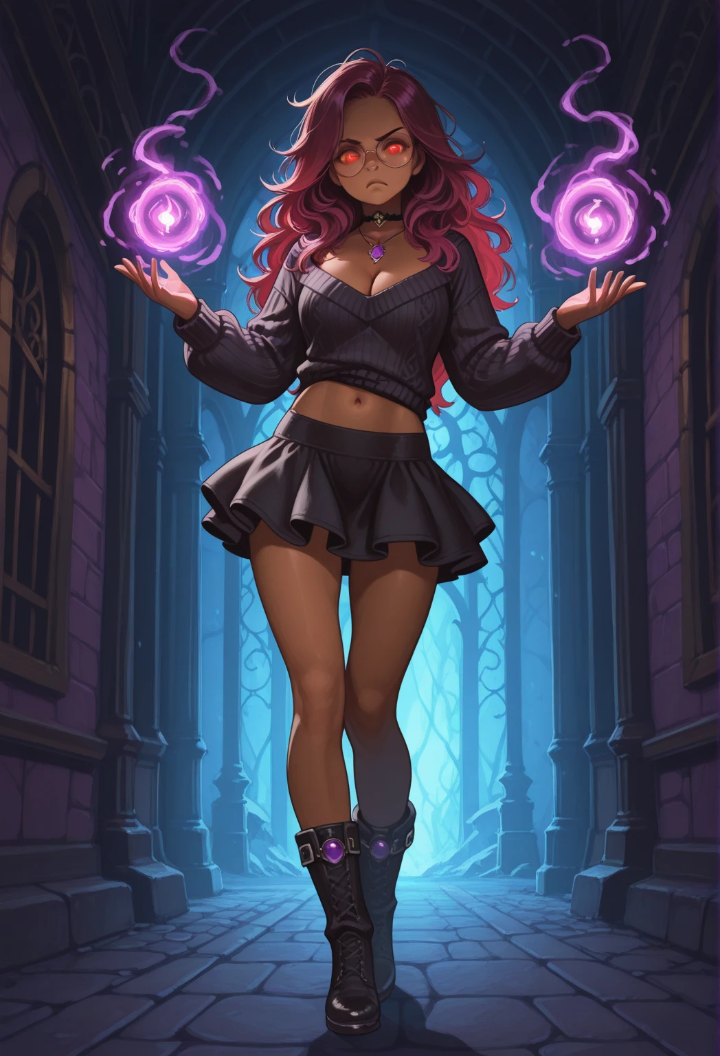 Generate a girl in her twenties. Waring an almond-colored short (approximately knee-length) dress.
This girl has purple eyes. She has very, very long red hair. Her lips are painted dark brown. She also has thin eyebrows (the same color as her hair).
Her appearance should be similar to that of Latin Americans in the United States.
Her height is approximately one hundred and eighty centimeters.
She has a C-cup breast.
She is barefoot.
The area in which she is located is a magical forest with glowing purple lights.
