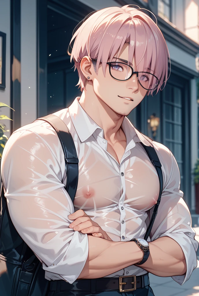 One boy((Abdominal muscles、Silver-haired Levi Ackerman)、Gay、(Erection under clothes)、(((lingerie)))、blush、Sweat、humidity、hot、orgasm)、Leg spread、Hands behind back