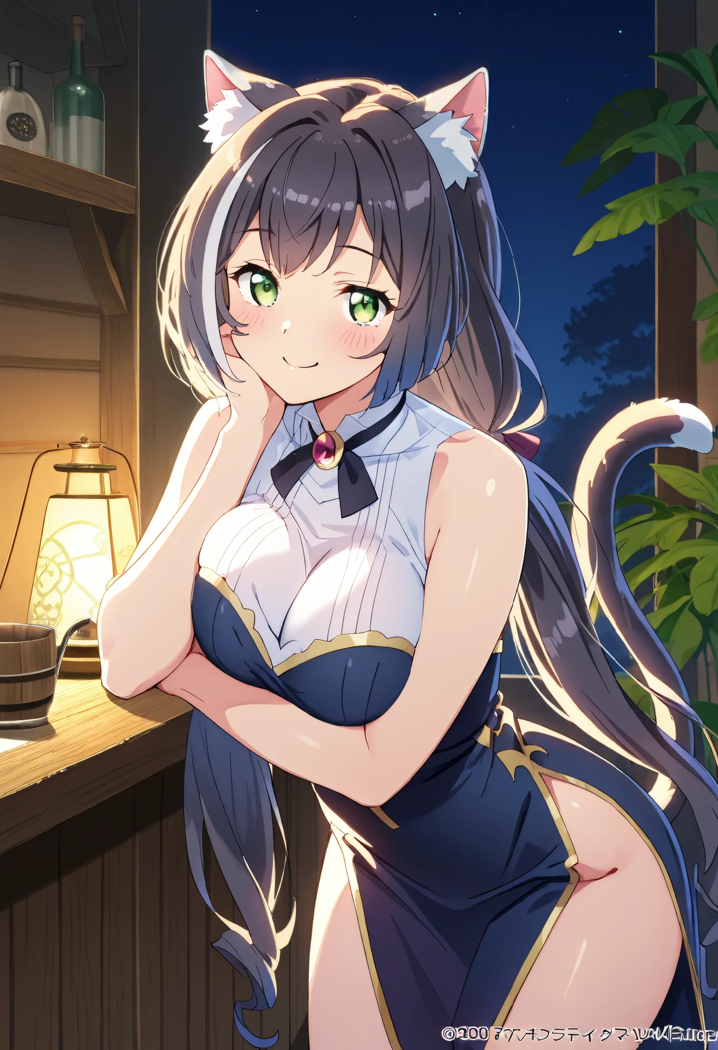 Karyl、long hair, streaked hair, black hair, white hair, low twintails, green eyes, cat ears, cat tail、big breasts, mature ,smile,,best quality Best Quality Official Art Best quality, best quality ( best quality )、(Nonsense)、( very detailed)、( very beautiful way to hold ) information best quality 、 Ultra-fine、Most HD、 very detailed、masterpiece、 best quality 、{{ beautiful face and attention to detail}}、cheek、 Ecstatic face、 drunk 、 (masterpiece))、( best quality )( very detailed)、( very aesthetic)( best quality )、(Nonsense)、( very detailed)、( Very Beautiful )