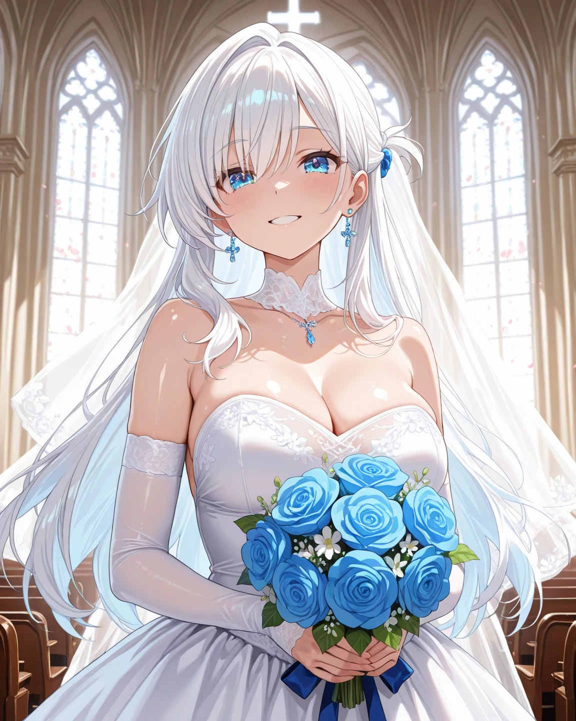 (from above:1.2),(from side:2), ((Face)), (Close-Up:2), ((looking at viewer, holding a bouquet to his mouth)), highest quality、(real、photorealistic:1.4)、(RAW photo:1.2)、very detailed CG unity 8k wallpaper, delicate and beautiful, wonderful, Fine detail, official art, disorganized, very disorganized, huge file size, Ultra-detailed, very detailed, very detailed girl, very detailedなeyes and face, Bright on the face、(teenage girl:1.7)、small smile, ,smiling, miorine rembran, ahoge, (white hair:1.25), hair between eyes, hair bun, (long hair:1.25), tiara,,ruanyi0261,off-shoulder dress,pearl \(gemstone\),tiara,veil,wedding dress, wedding necklace, wedding long gloves, (luxurious bouquet), chapel, Stained glass,(best quality, highres, masterpiece:1.2), ultra-detailed, (realistic:1.37) illustration, erotic style, soft lighting, sweat glistening on her body, gentle warmth, dark and mysterious, small breast,narrow waist,(with sparkling eyes and a contagious smile),her thin pubic hair, looking at viewer,