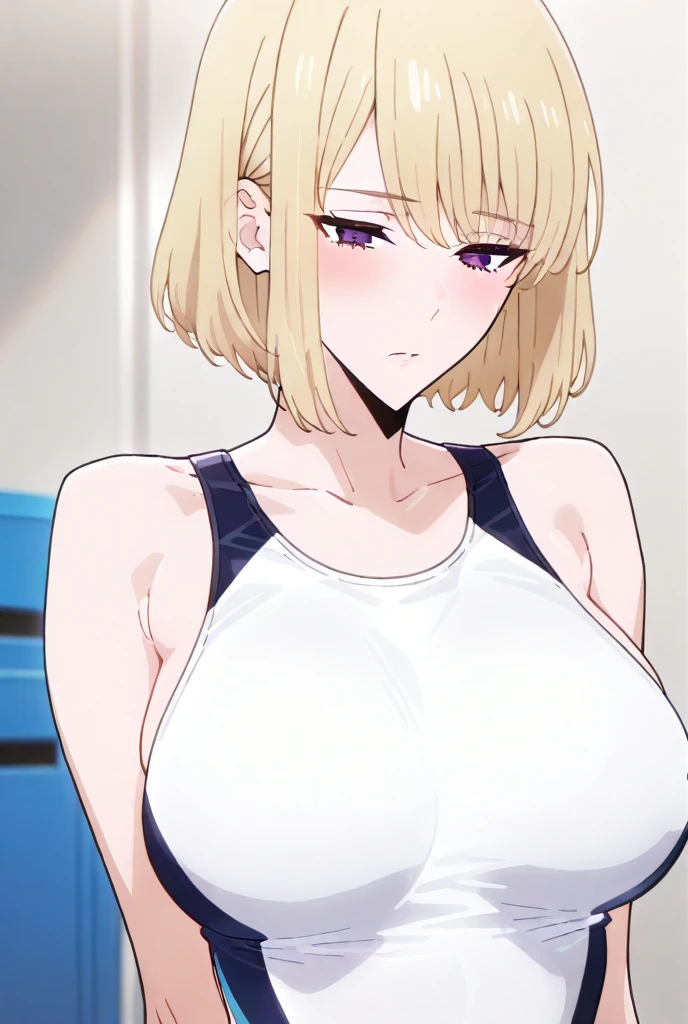1 girl,blonde hair,bob,Patsun bangs,shaped pupils,big breasts,big breasts,cute,smile,Happy,heavy breathing,trembling,put your hand on your face,crop top,choker