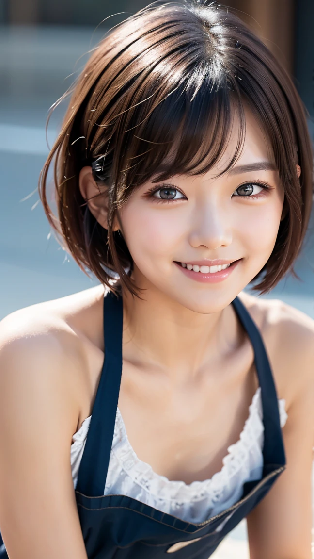 1 girl, (Wearing an idol costume:1.2), Very beautiful Japan idols、((Backstage view、Upper body from the waist up、Upper body:1.2))
(Raw photo, highest quality), (realistic, Photoreal:1.4), (masterpiece), 
very delicate and beautiful, very detailed, 2k wallpaper, wonderful, finely, very detailed CG Unity 8k wallpaper, Super detailed, High resolution, soft light, 
beautiful detailed girl, very detailed目と顔, beautifully detailed nose, finely beautiful eyes, cinematic lighting, 
(Simple background in bright colors:1.3),
(short hair), (parted bangs), 
complete anatomy, slender body, Normal firm breasts, smile