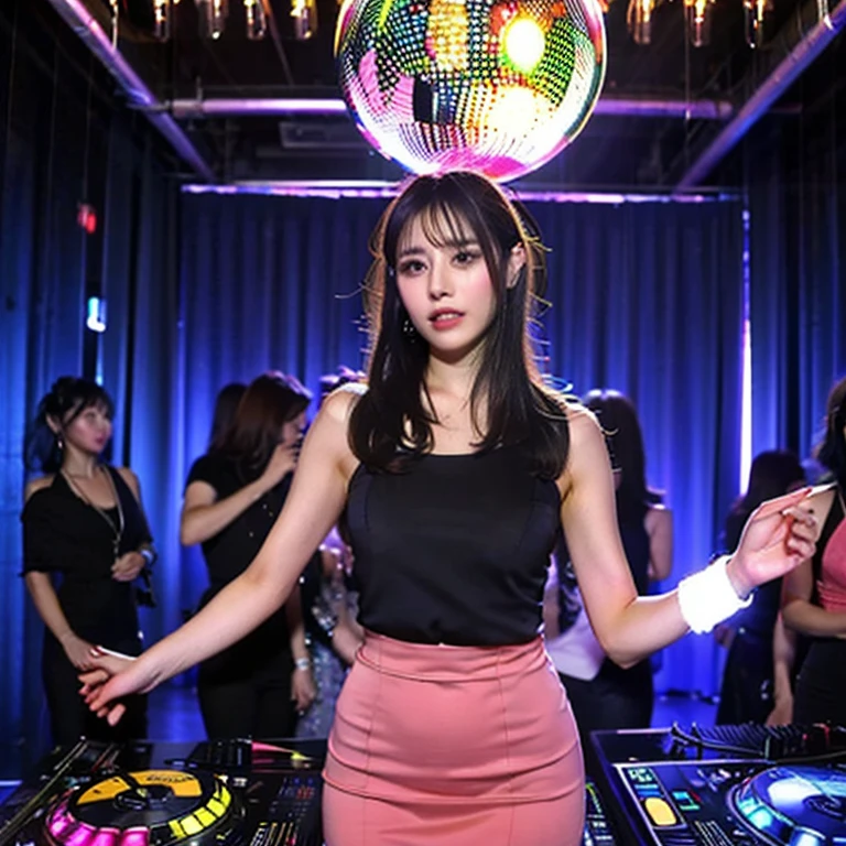 The nightclub princess is fully immersed in the manic nightclub DJing,She's tonight's DJ,The focus of the audience。Use the Midjourney Advanced Brush tool/texture pack/Material packs/Model package/Color Palette,Give passion and vitality to the nightclub princess in the crazy DJing under the camera,The Tyndall effect of light is used to give the scene a passionate and frenetic atmosphere,Give the nightclub princess on stage a full professional DJ quality and add an extremely realistic texture。Use Midjourney's advanced tools to give your scene unique musical movement,And the sexy nightclub princess is immersed in manic music,The heavy makeup of red dust could not hide the huge eyes of the nightclub princess。Use Midjourney's advanced tools to squeeze and deform the nightclub princess's charming K-cup giant teardrop-shaped chest like a Q-bomb jelly,The super sexy and hot body of the nightclub princess is wrapped in super hot nightclub jumpsuits, which makes the charm of the nightclub princess show to the extreme。Use Midjourney's powerful tools,You can bring this dynamic and passionate scene to life with incredible detail and beauty。 hdr,(真实感,Masterpiece quality,best qualtiy),