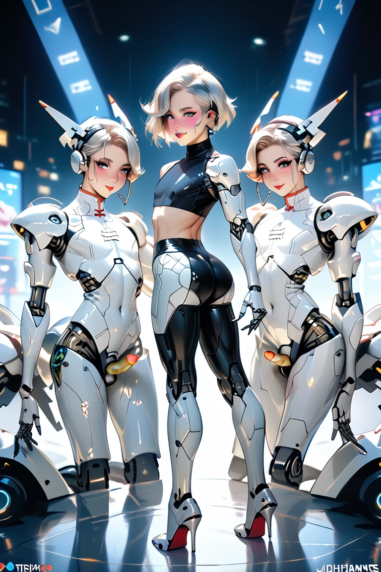 Beautiful cybernetic girl looking at camera underwear detailed muscles realistic masterpiece,Active Pose、action pose、LED Light、Gold shortcuts、bangs、Short Hair
