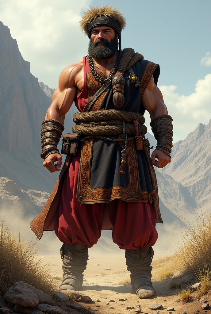 there is a man with a beard with his hands raised, usando uma roupa rasgada. In the background there are many people looking. biblical costumes. biblical setting. biblical style. Marvel comic book style.