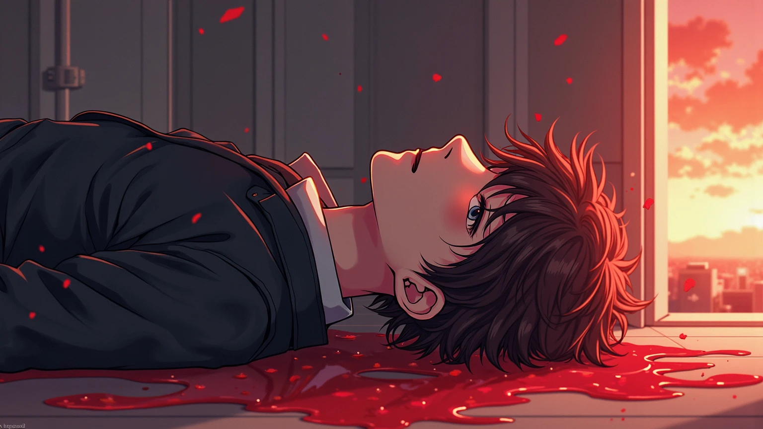 A man with black hair fell to the ground,His eyes were desperate,Blood was pouring out of him