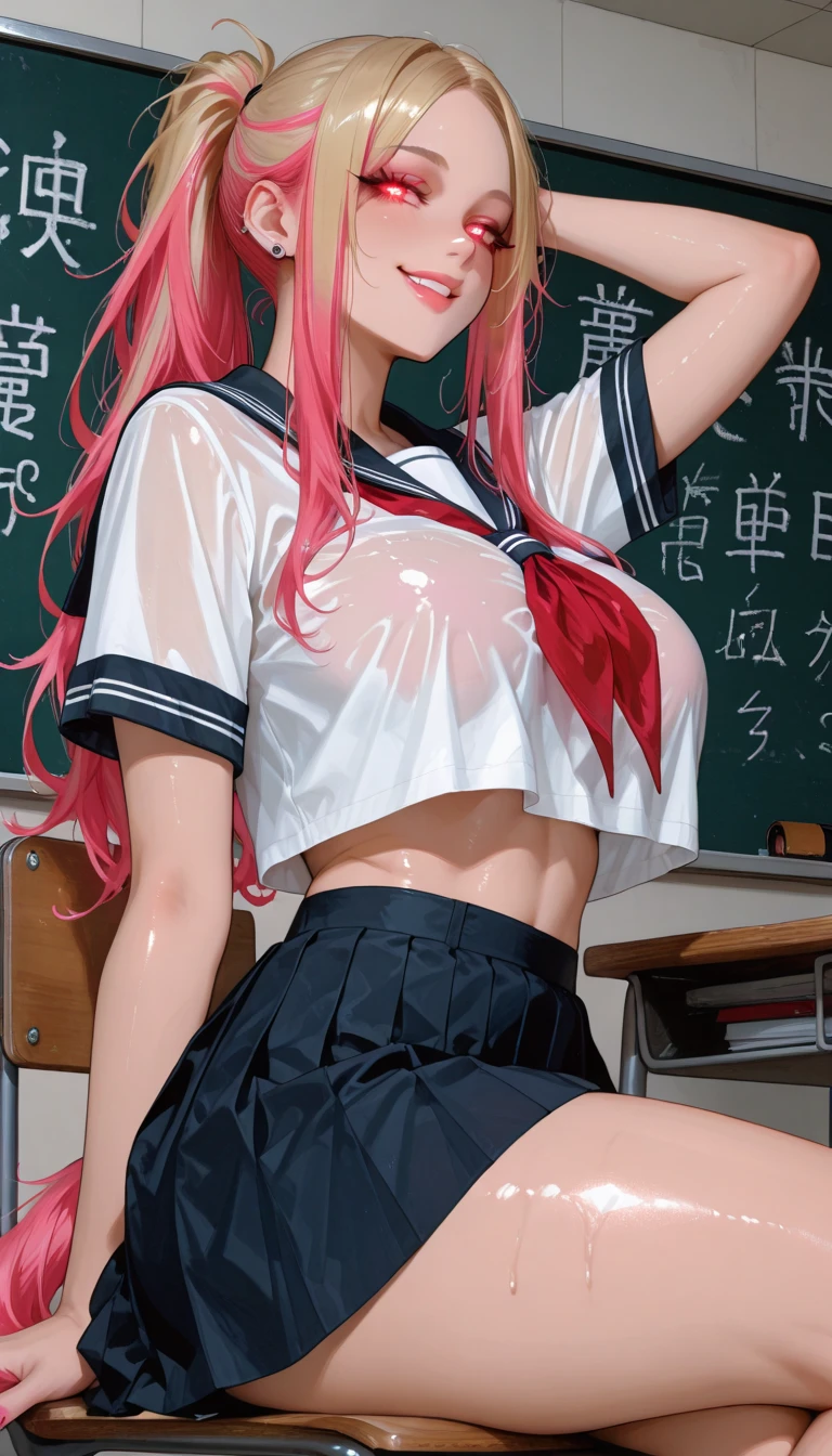 A loli with big breasts，Light red long hair double diamond hair style，The hair curtain was a little scattered，Sailor uniform school uniform，Lift your skirt with both hands，Show panties with a smile，White panties with a heart，Detailed description of the thighs and legs，In the classroom，the night，beside the window，It was raining heavily outside the window，