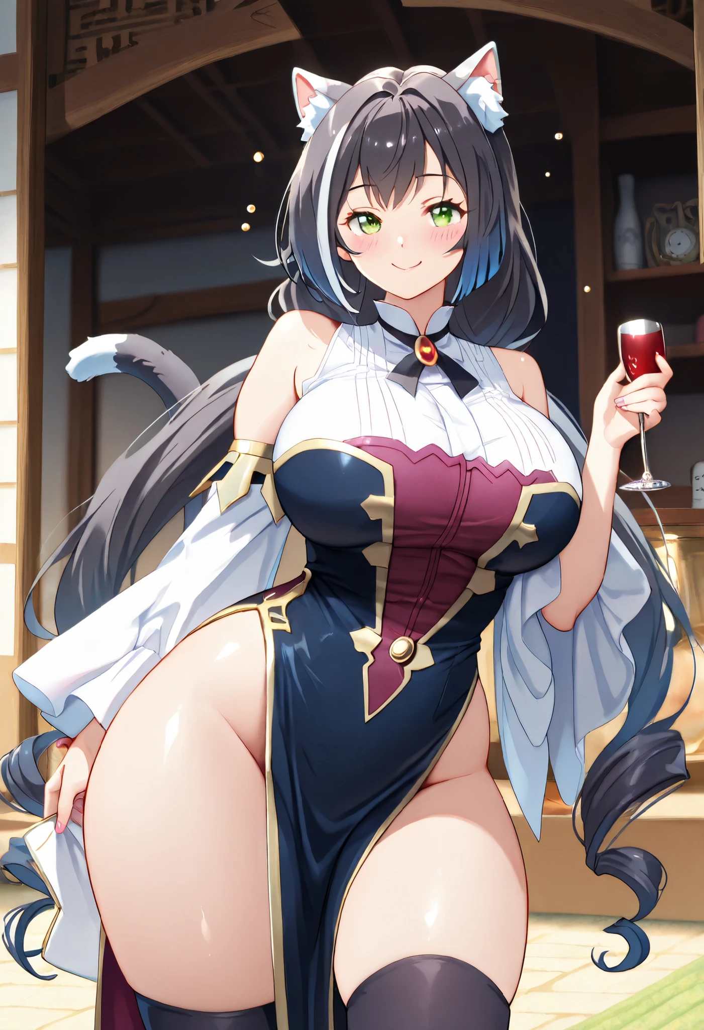 Karyl、long hair, streaked hair, black hair, white hair, low twintails, green eyes, cat ears, cat tail、big breasts, thick thighs, wide hips, mature ,smile,,best quality Best Quality Official Art Best quality, best quality ( best quality )、(Nonsense)、( very detailed)、( very beautiful way to hold ) information best quality 、 Ultra-fine、Most HD、 very detailed、masterpiece、 best quality 、{{ beautiful face and attention to detail}}、cheek、 Ecstatic face、 drunk 、 (masterpiece))、( best quality )( very detailed)、( very aesthetic)( best quality )、(Nonsense)、( very detailed)、( Very Beautiful )
