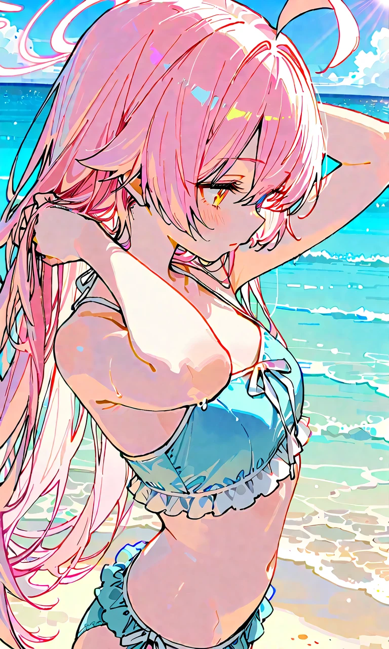 masterpiece, highest quality, Beautiful background, (Ocean, blue sky), Idol Sculpture, Sexy pose, Sexy Lingerie, Pink Hair, Pink Eyes, The most beautiful woman in the world, Best Style, Sparkling eyes, Fine grain, Beautiful Face,