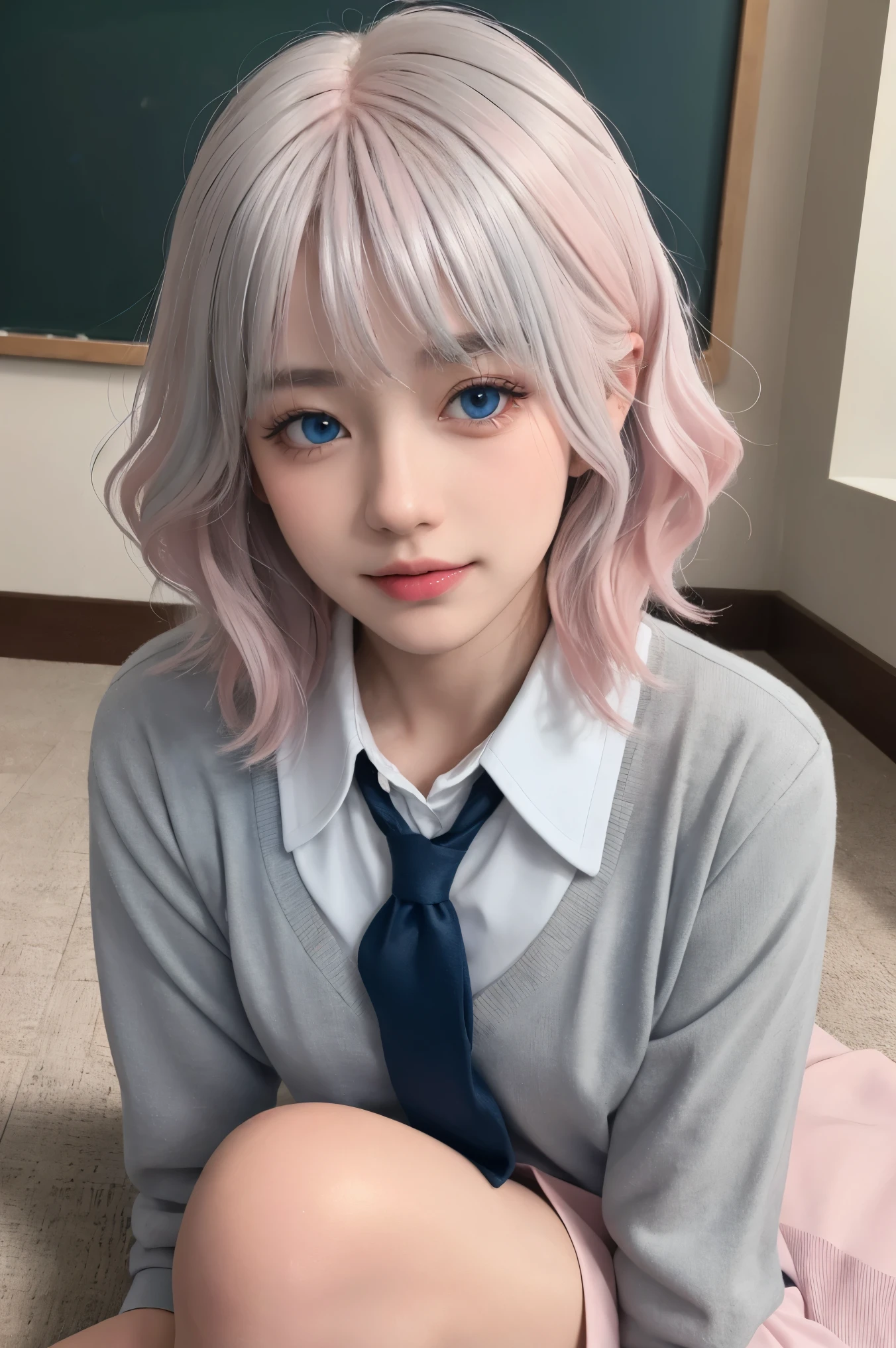 ( masterpiece), (high quality), ( 8k resolution), (Original Photo), (best quality), ( masterpiece:1.5), (realistic:1.5), ((photo realistic)), Vivid details, hyper realistic,1 Girl, (cute:1.2), beautiful, high quality和细致的脸, perfect face, (Gray hair and light pink hair:1.4), Rosy cheeks, meticulous eyes, (Blue Eyes),colorful eyes,(watery eyes),,, slim body, watching the audience, Shut up, Real skin, shiny skin, Medium Breast, ((school uniforms)), Sitting, floor,